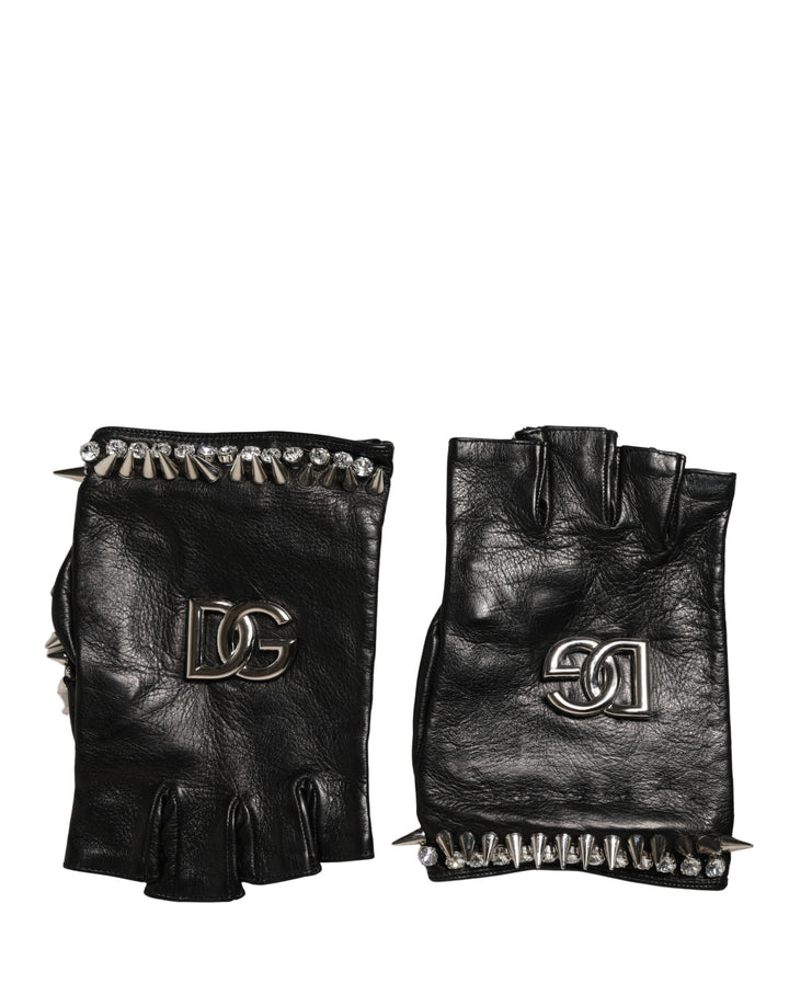 Dolce & Gabbana Femme Gants Moufles Noirs Ornés Longueur Poignet