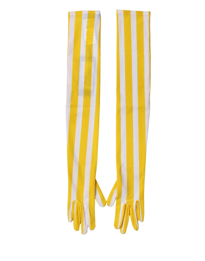 Gants femme Dolce & Gabbana en nylon rayé jaune et blanc, longueur coude