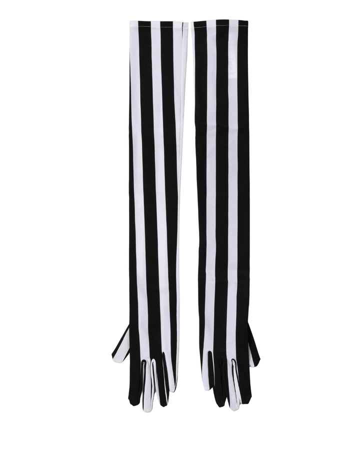 Gants pour femme Dolce & Gabbana rayés noir et blanc en nylon longueur coude