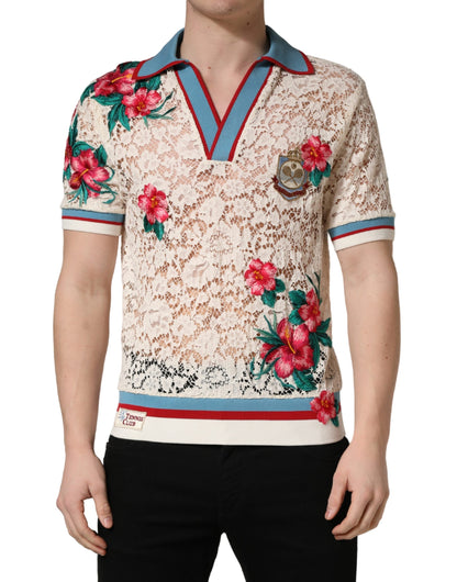 Camiseta tipo polo de encaje con diseño floral beige de Dolce & Gabbana Tennis Club