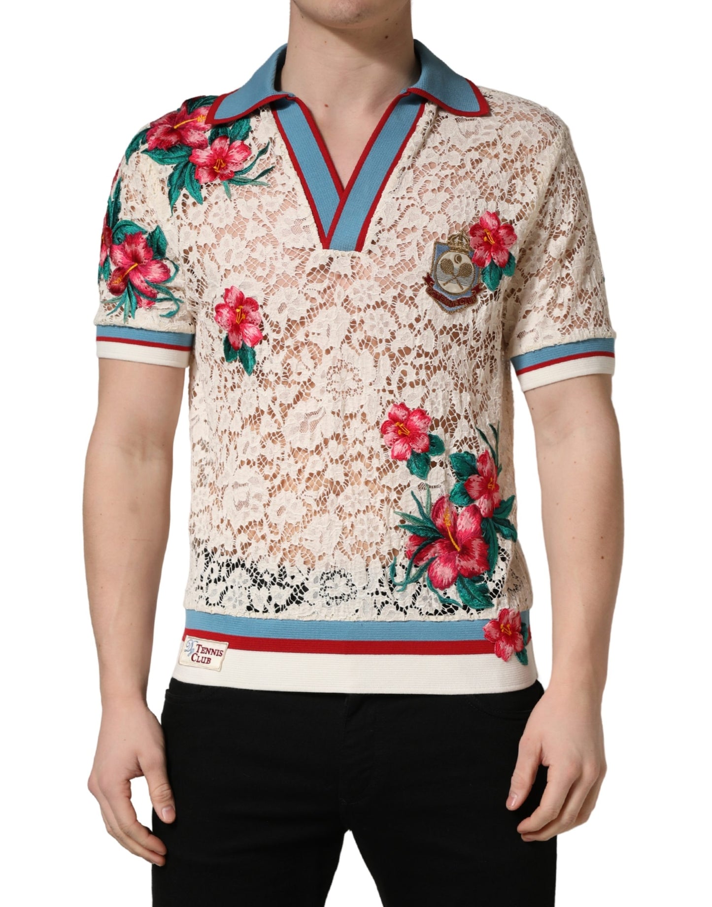 Camiseta tipo polo de encaje con diseño floral beige de Dolce & Gabbana Tennis Club