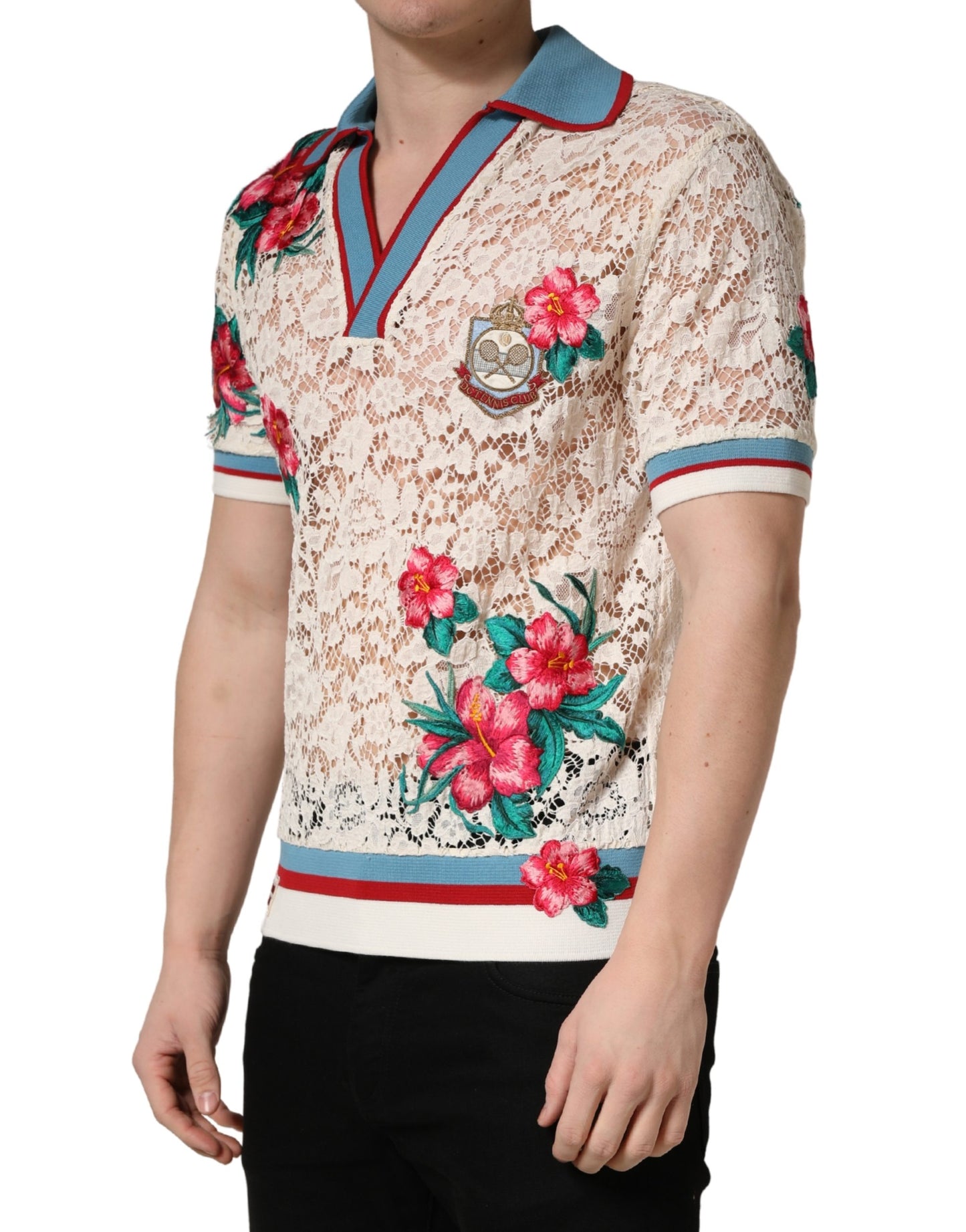 Camiseta tipo polo de encaje con diseño floral beige de Dolce & Gabbana Tennis Club