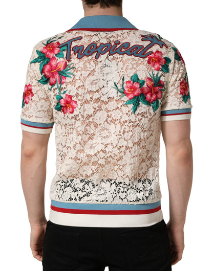 Camiseta tipo polo de encaje con diseño floral beige de Dolce & Gabbana Tennis Club