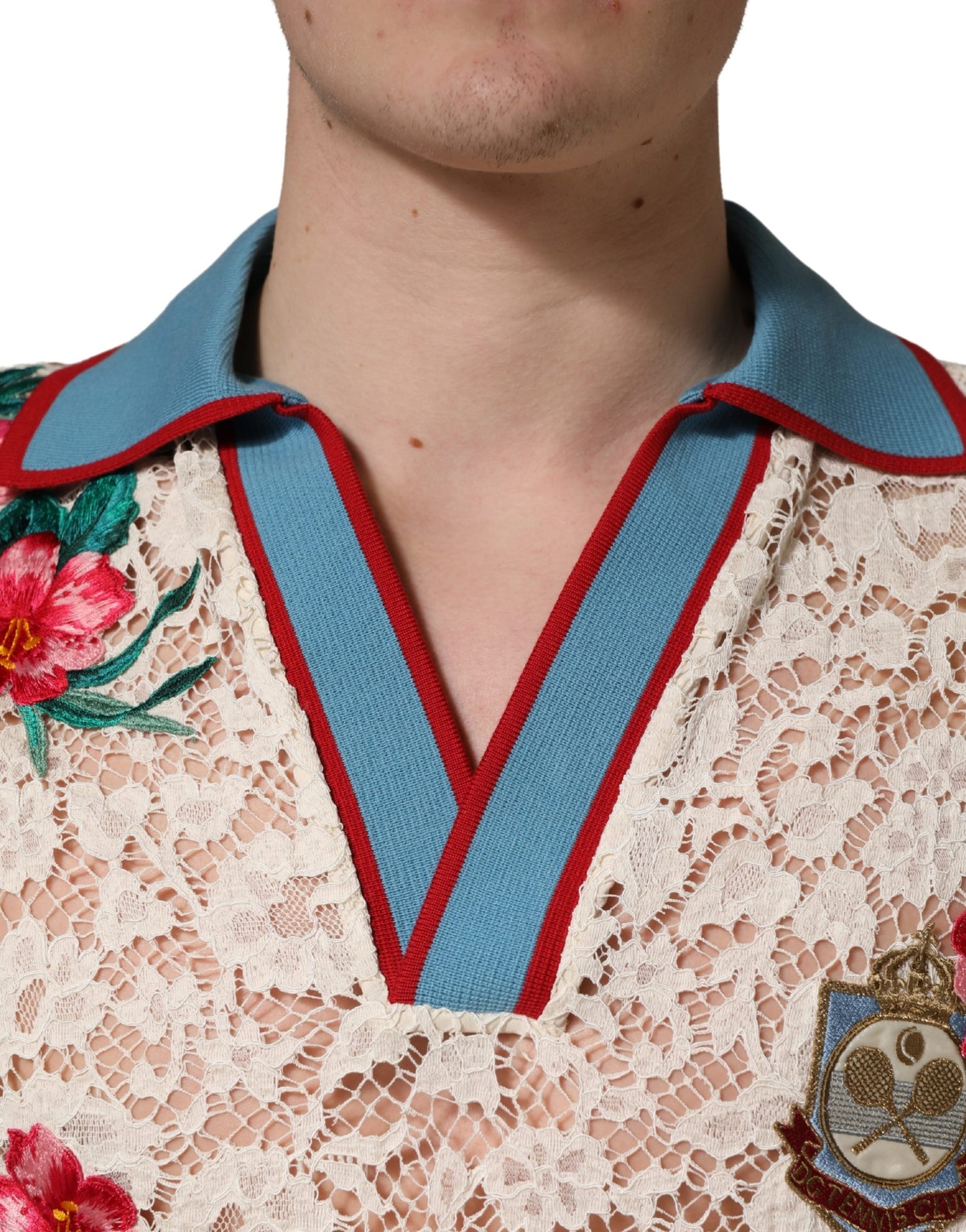 Camiseta tipo polo de encaje con diseño floral beige de Dolce & Gabbana Tennis Club