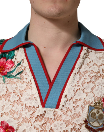 Camiseta tipo polo de encaje con diseño floral beige de Dolce & Gabbana Tennis Club