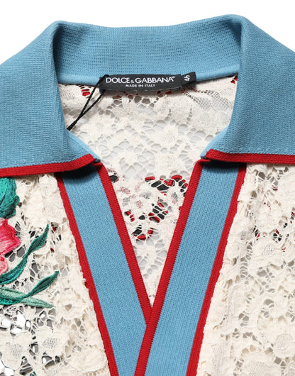 Camiseta tipo polo de encaje con diseño floral beige de Dolce & Gabbana Tennis Club
