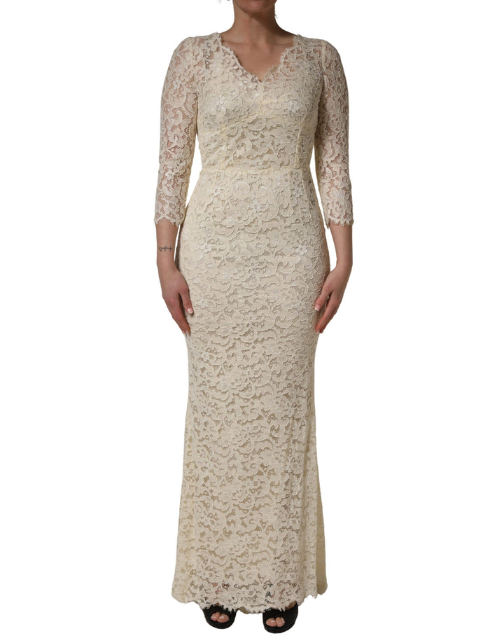 Vestido largo ajustado de encaje floral blanco hueso Dolce & Gabbana