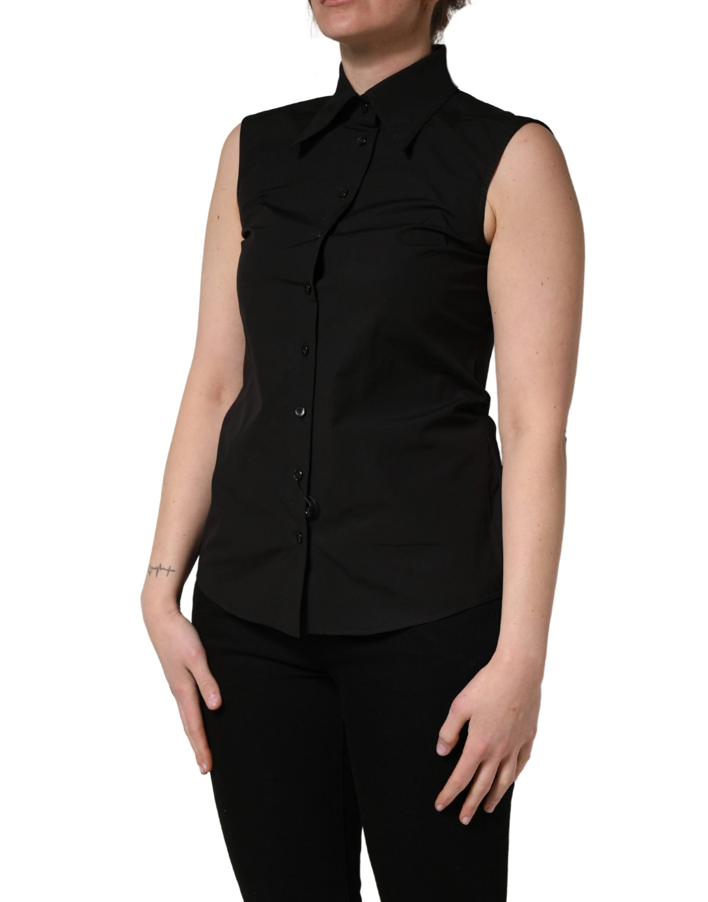Dolce & Gabbana Black Cotton Sleeveless Collared Blouse Top