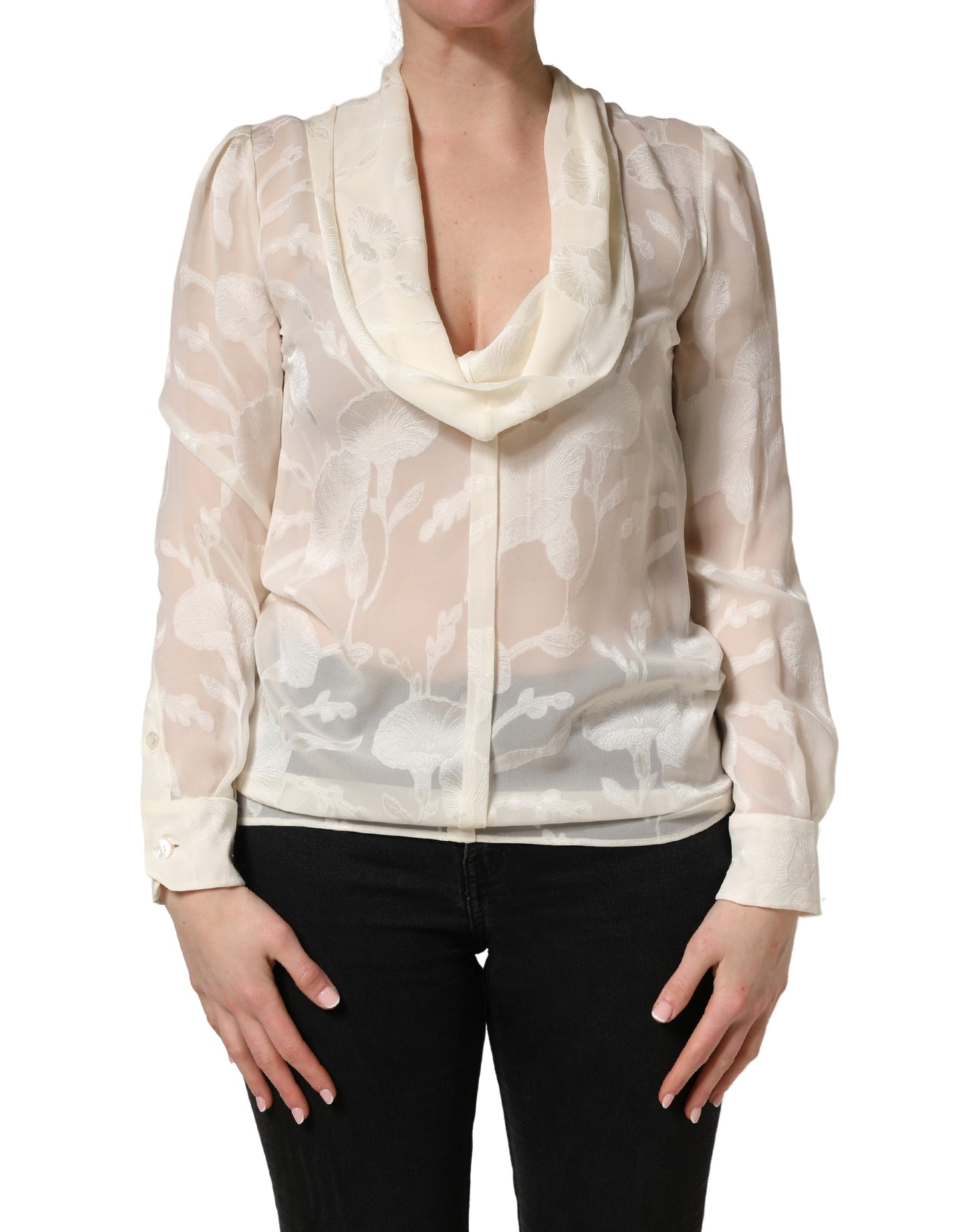 Dolce & Gabbana Off White Floral Semi Sheer Silk Blouse Top