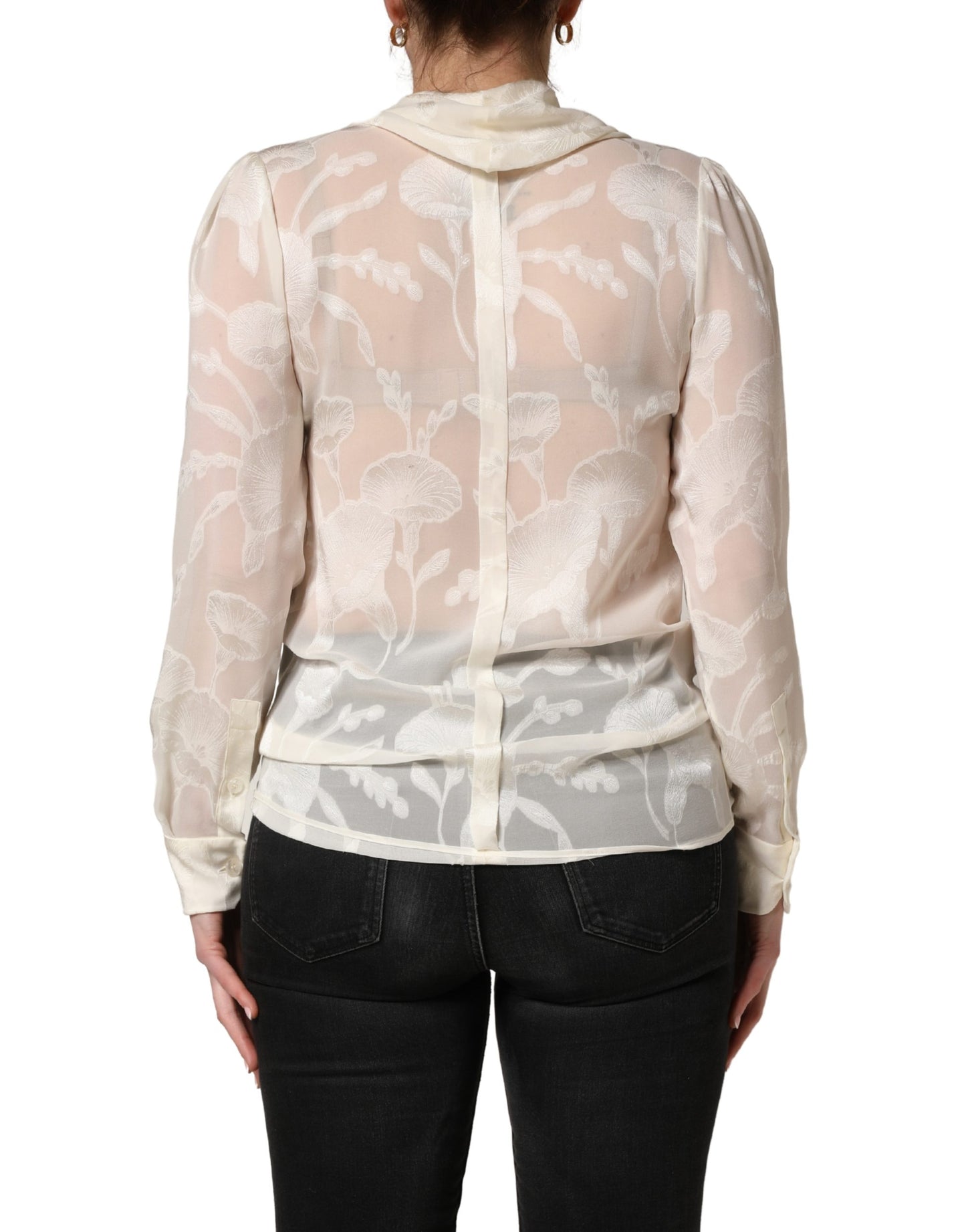 Dolce & Gabbana Off White Floral Semi Sheer Silk Blouse Top