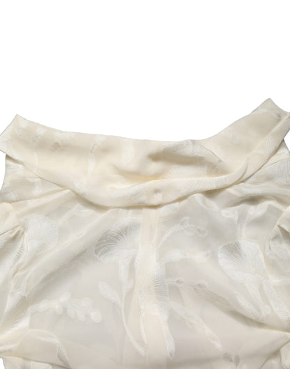 Dolce & Gabbana Off White Floral Semi Sheer Silk Blouse Top
