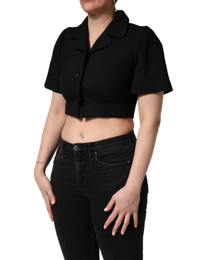Dolce & Gabbana Black Collared Short Sleeves Cropped Blouse Top