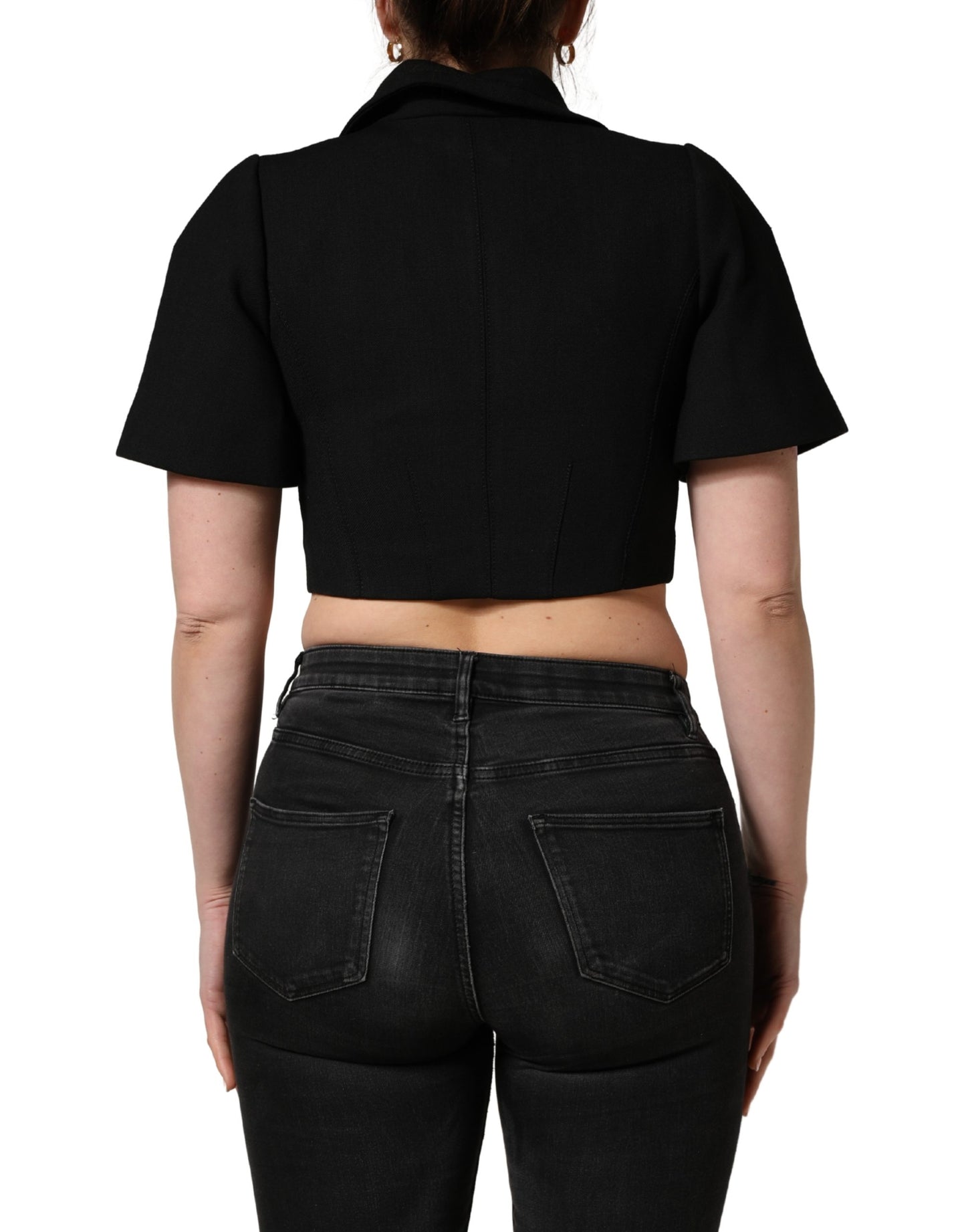 Dolce & Gabbana Black Collared Short Sleeves Cropped Blouse Top