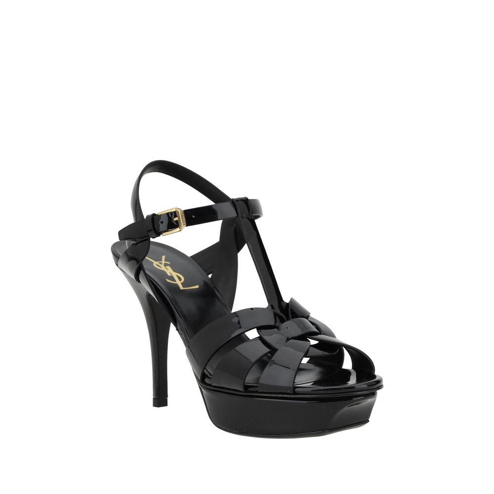 Sandalias Saint Laurent de tacón de aguja en piel de becerro negra Bos Taurus