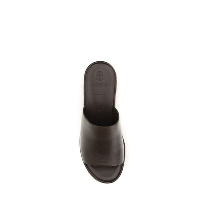 Brunello Cucinelli Brown Calf Leather Bos Taurus Platform Sandals