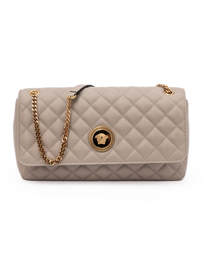 Bolso con correa de hombro de cuero acolchado color visón de Versace