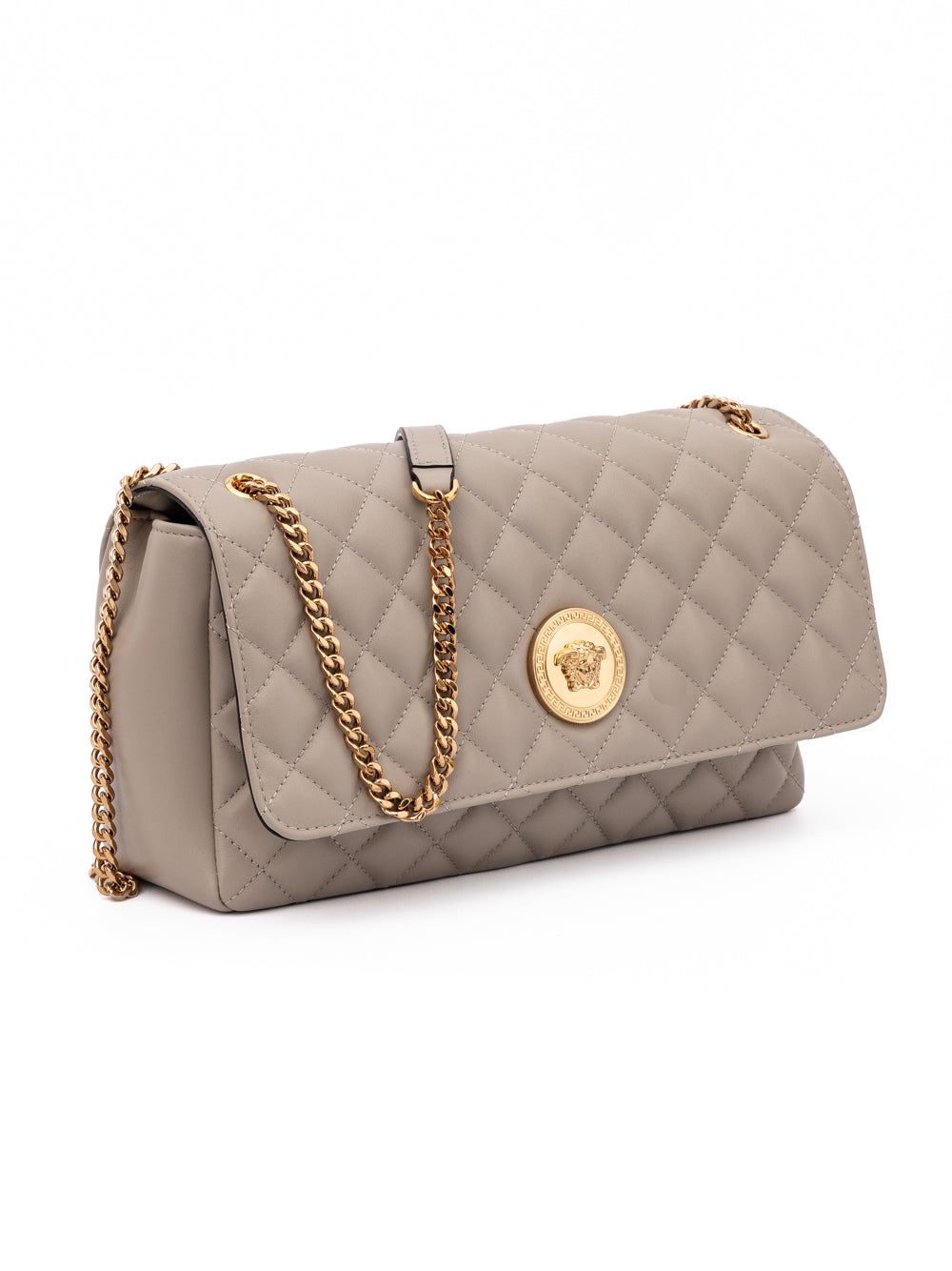 Bolso con correa de hombro de cuero acolchado color visón de Versace