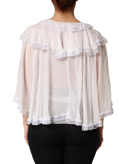 Dolce & Gabbana White LongSleeve Lace Trim Ruffled Blouse Top