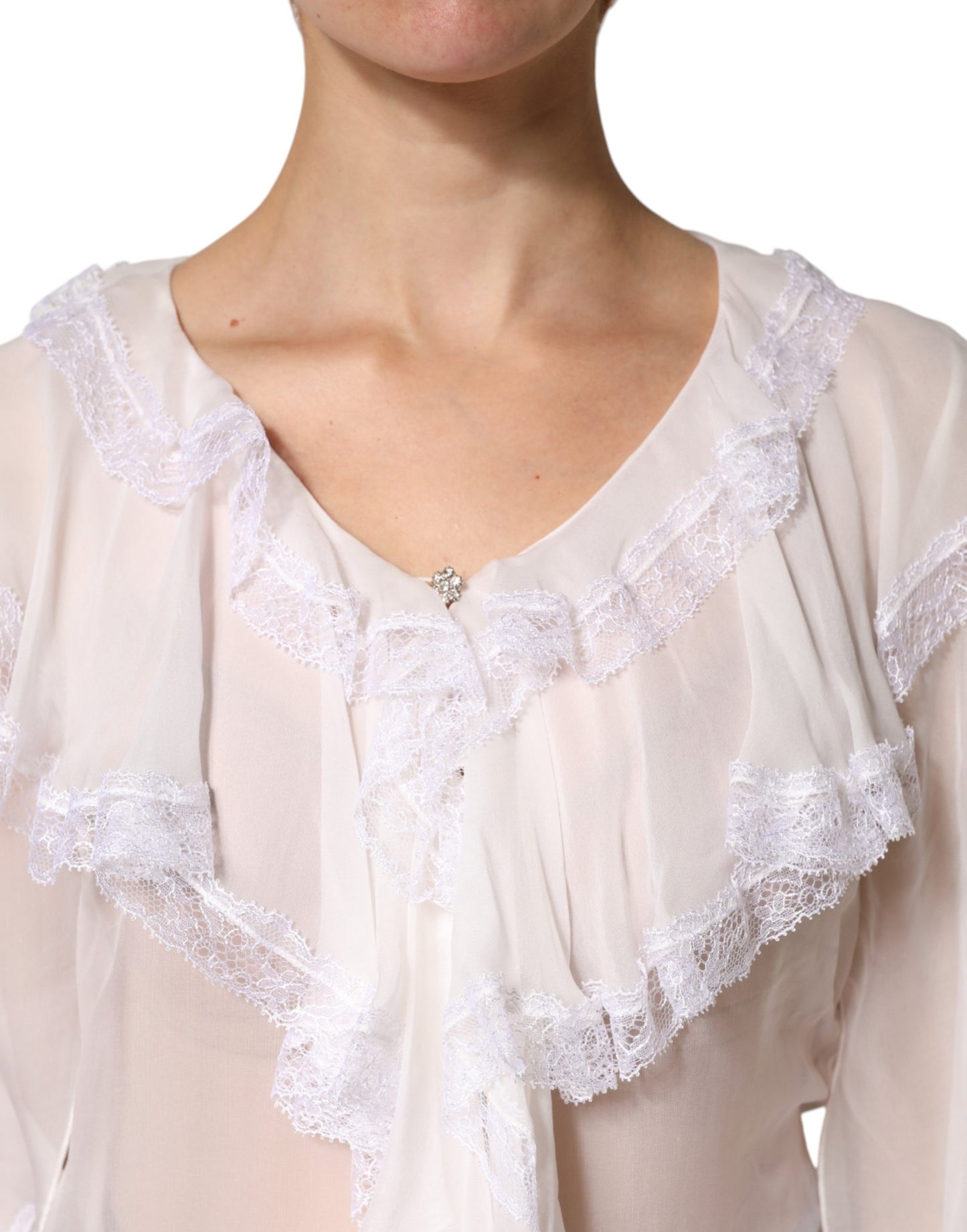 Dolce & Gabbana White LongSleeve Lace Trim Ruffled Blouse Top