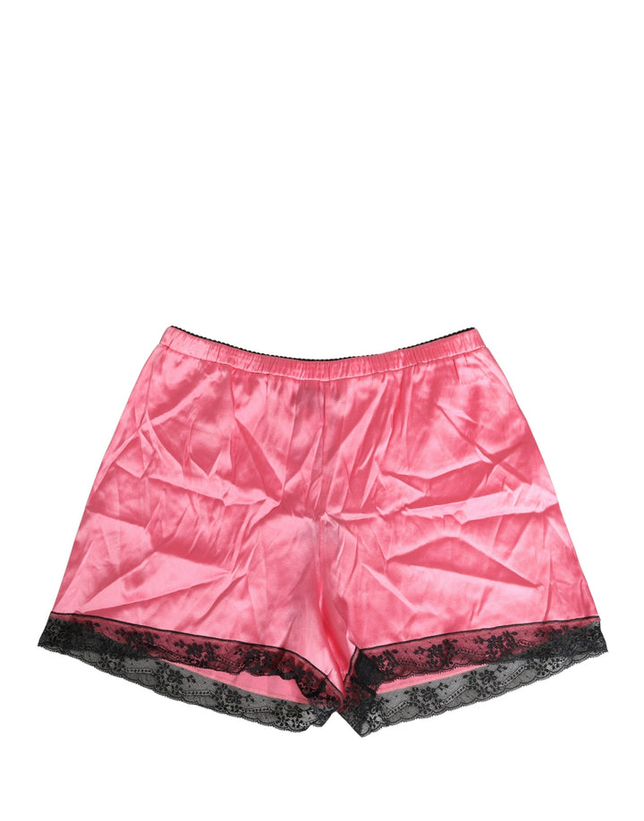 Dolce & Gabbana Pantalones cortos de pijama de satén de seda rosa con ribete de encaje