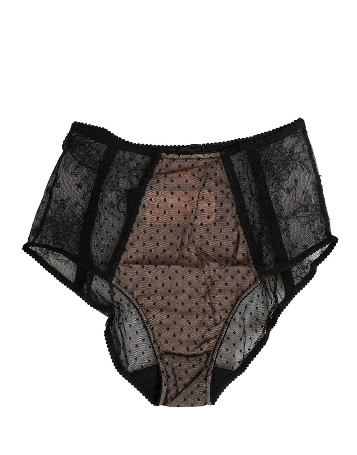 Ropa interior braga de cintura alta de encaje de lunares transparente negra de Dolce & Gabbana