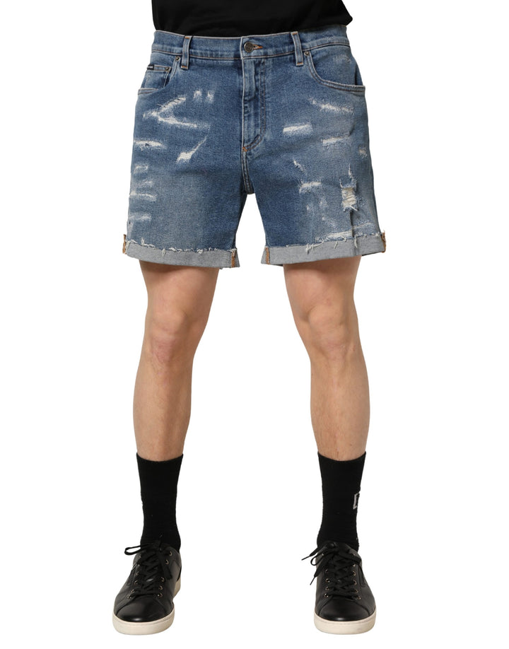 Dolce & Gabbana Blue Cotton Distressed Denim Bermuda Shorts