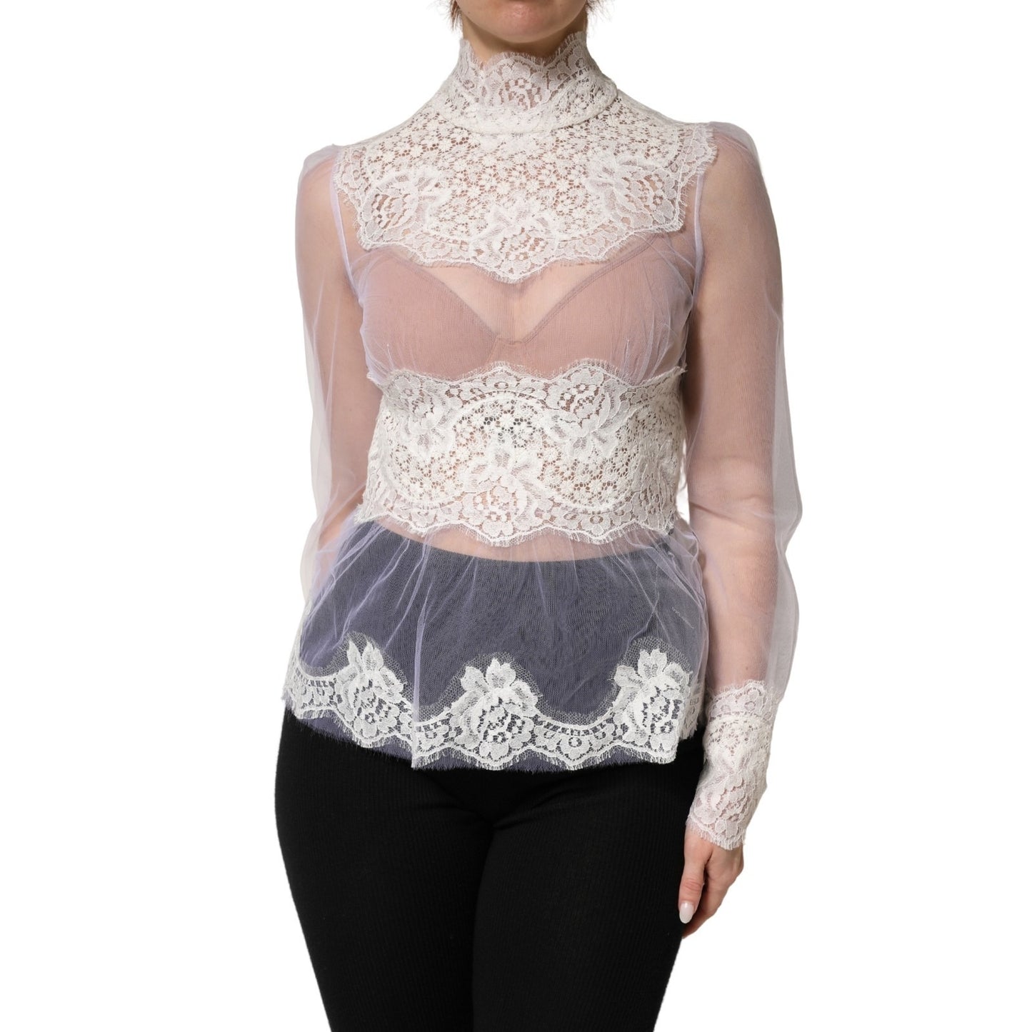 Top de manga larga transparente de tul de encaje de nailon blanco de Dolce & Gabbana