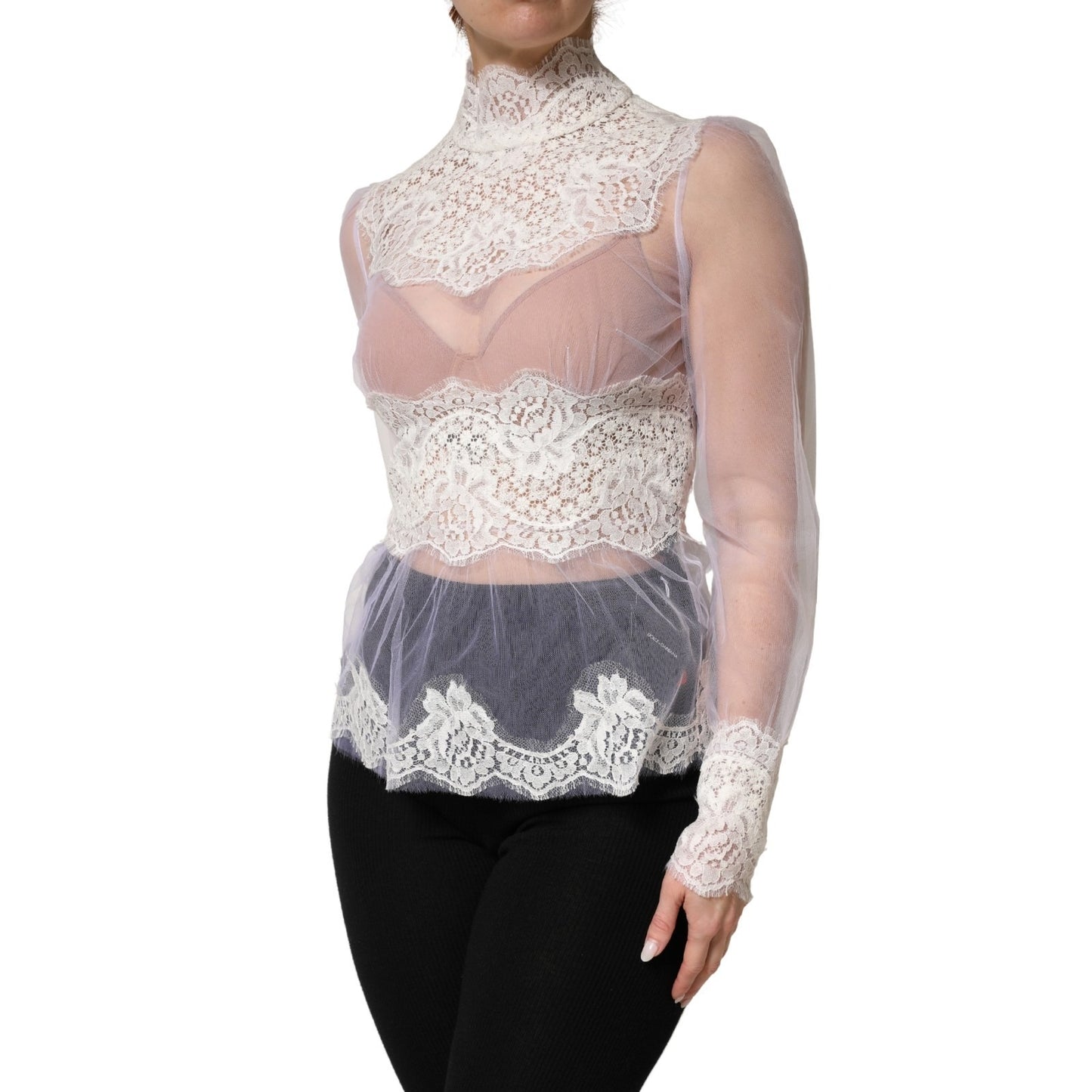 Top de manga larga transparente de tul de encaje de nailon blanco de Dolce & Gabbana