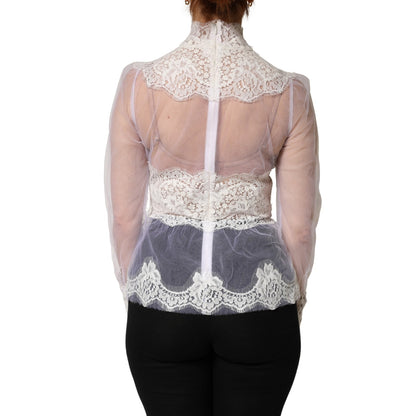 Top de manga larga transparente de tul de encaje de nailon blanco de Dolce & Gabbana