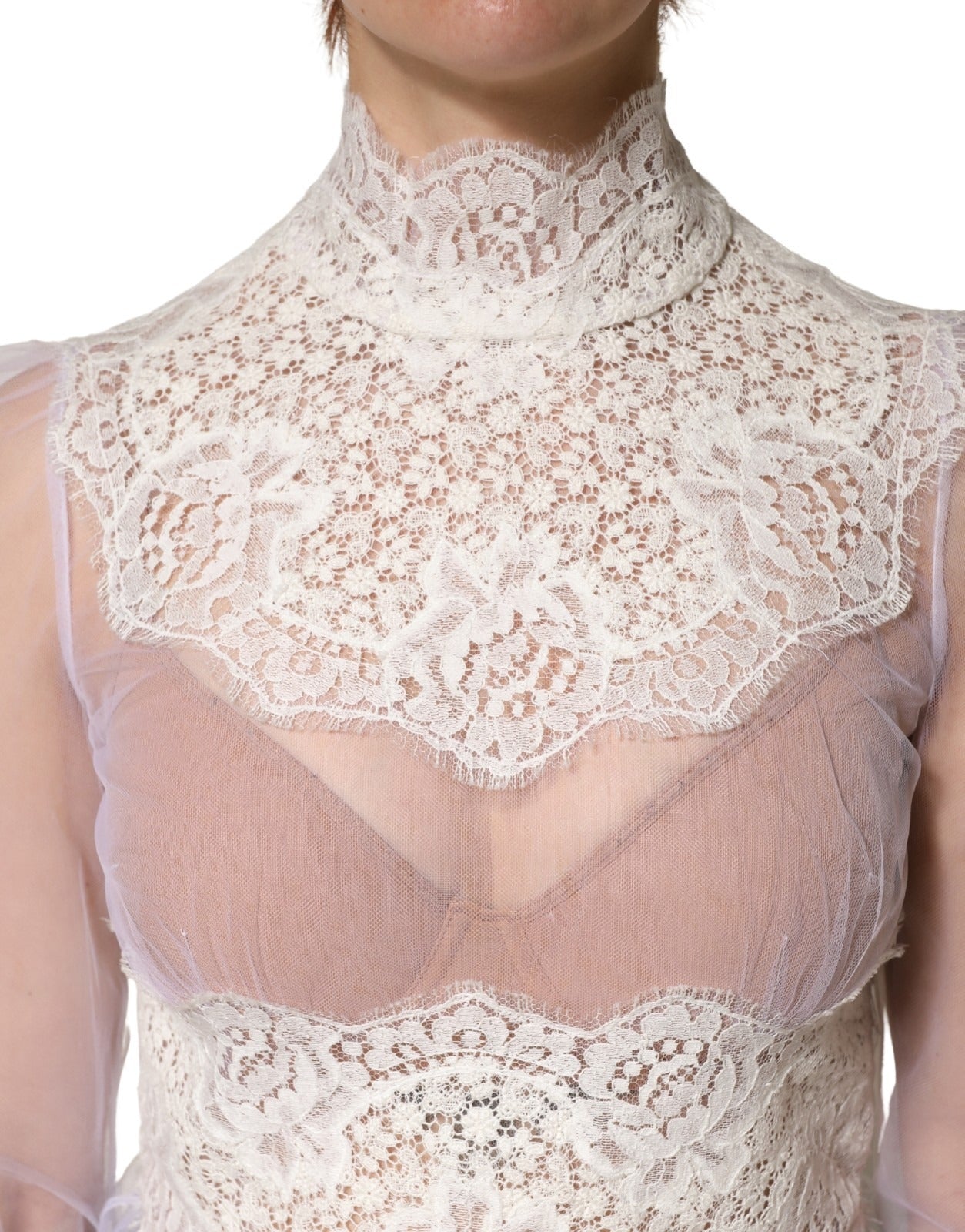 Top de manga larga transparente de tul de encaje de nailon blanco de Dolce & Gabbana
