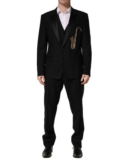 Traje de 3 piezas Dolce & Gabbana negro de lana y seda, corte entallado, con estampado de saxofón