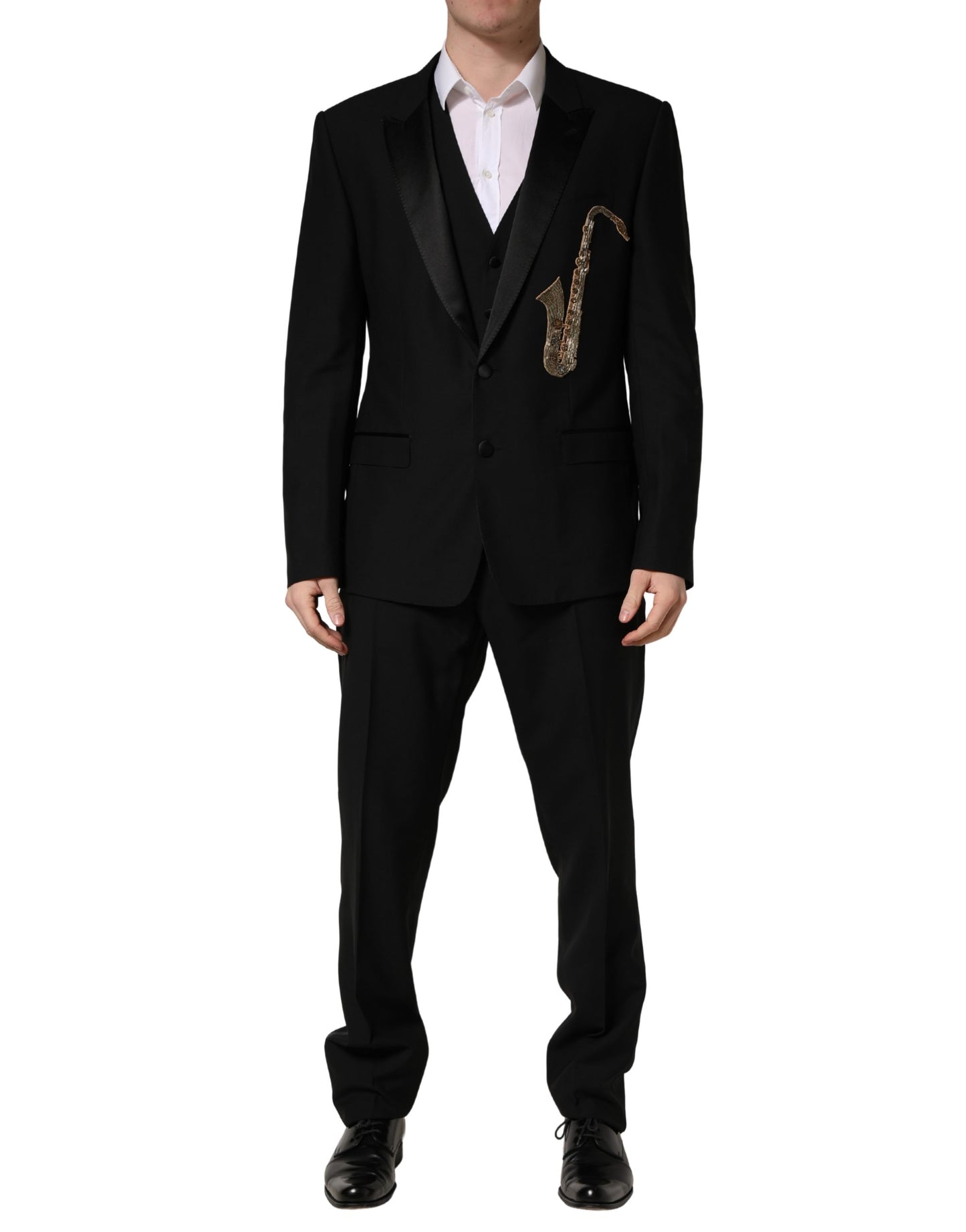 Traje de 3 piezas Dolce & Gabbana negro de lana y seda, corte entallado, con estampado de saxofón