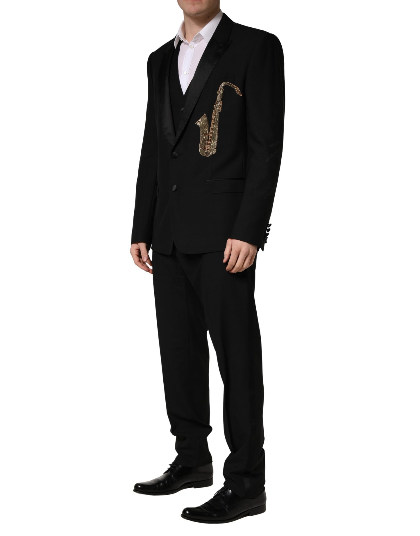 Traje de 3 piezas Dolce & Gabbana negro de lana y seda, corte entallado, con estampado de saxofón