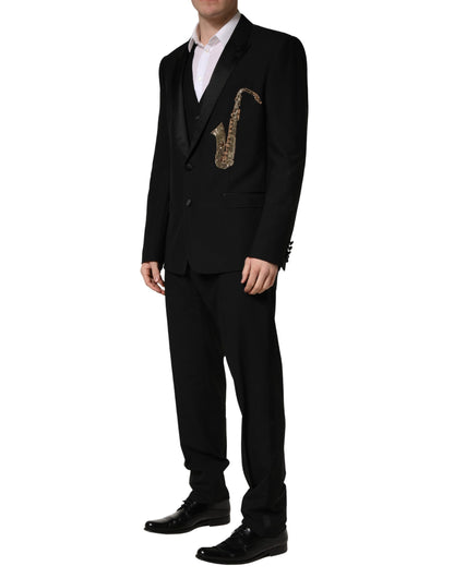 Traje de 3 piezas Dolce & Gabbana negro de lana y seda, corte entallado, con estampado de saxofón