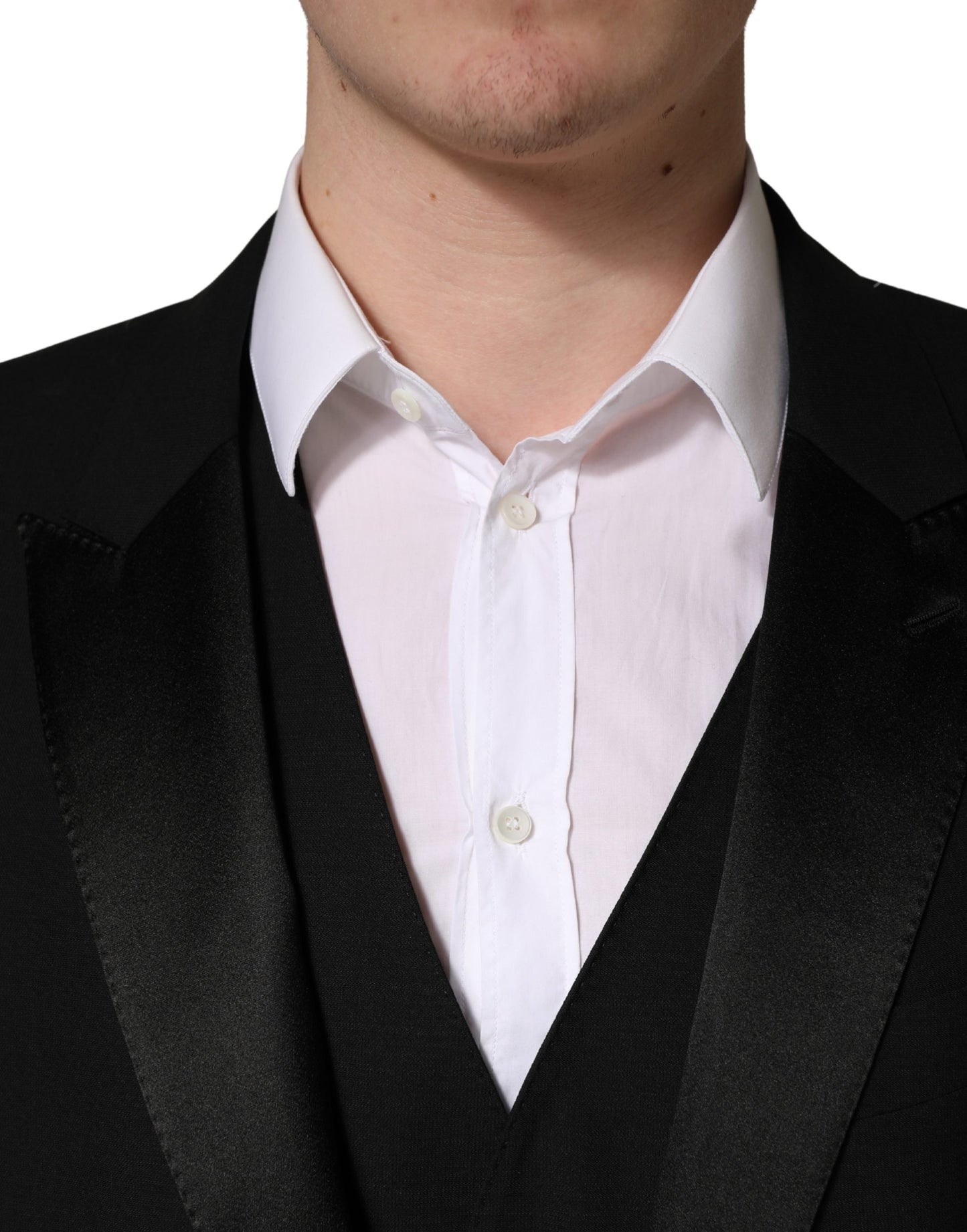 Traje de 3 piezas Dolce & Gabbana negro de lana y seda, corte entallado, con estampado de saxofón