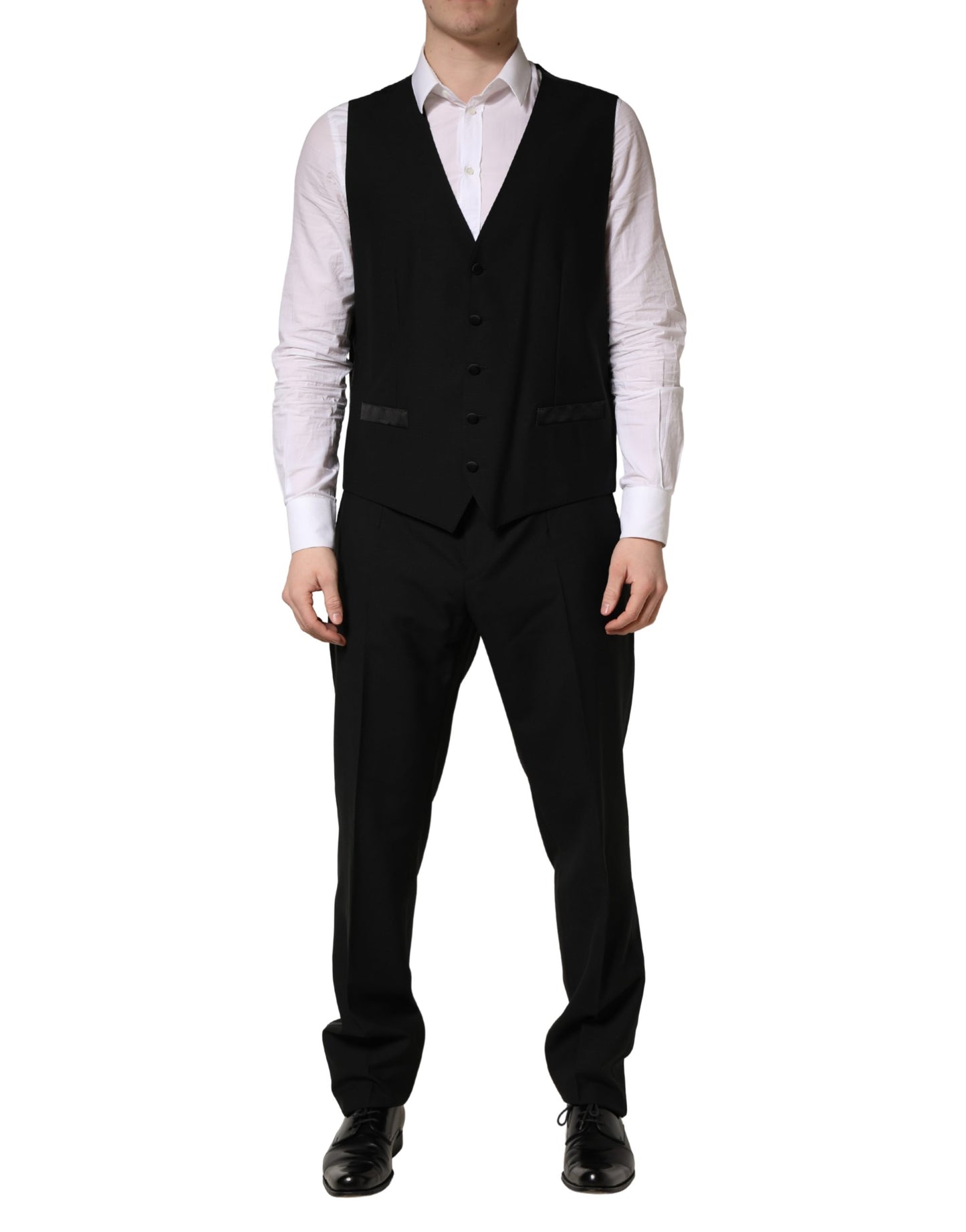 Traje de 3 piezas Dolce & Gabbana negro de lana y seda, corte entallado, con estampado de saxofón