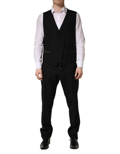 Traje de 3 piezas Dolce & Gabbana negro de lana y seda, corte entallado, con estampado de saxofón