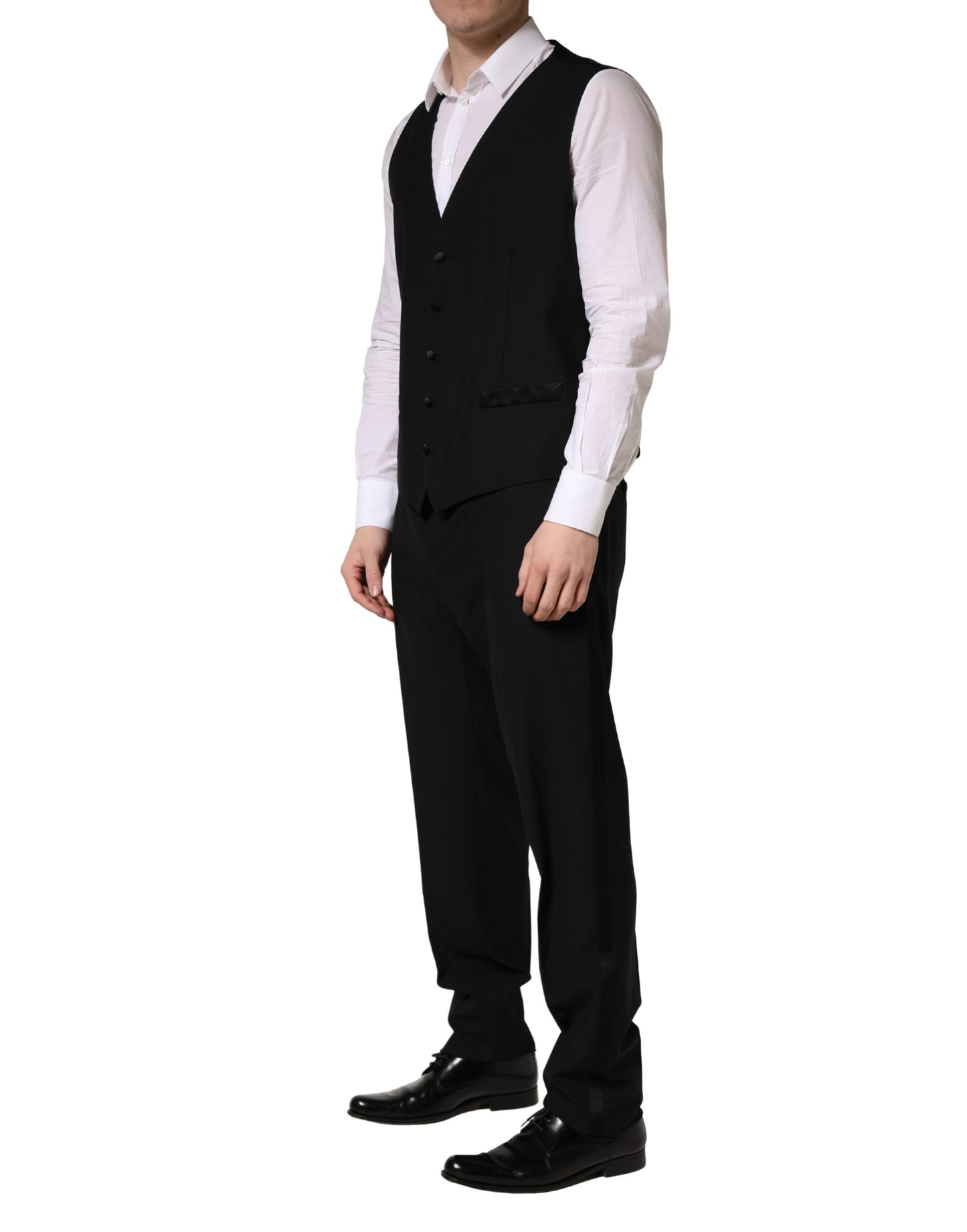 Traje de 3 piezas Dolce & Gabbana negro de lana y seda, corte entallado, con estampado de saxofón