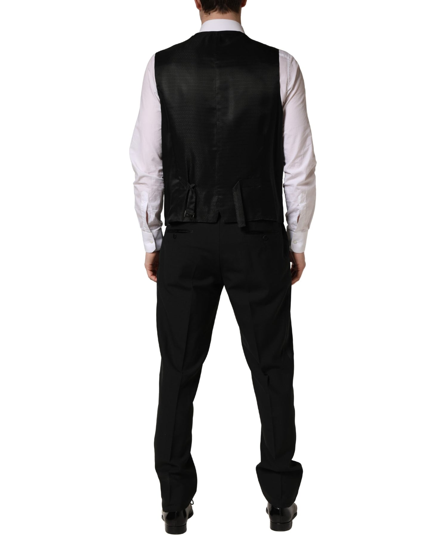 Traje de 3 piezas Dolce & Gabbana negro de lana y seda, corte entallado, con estampado de saxofón