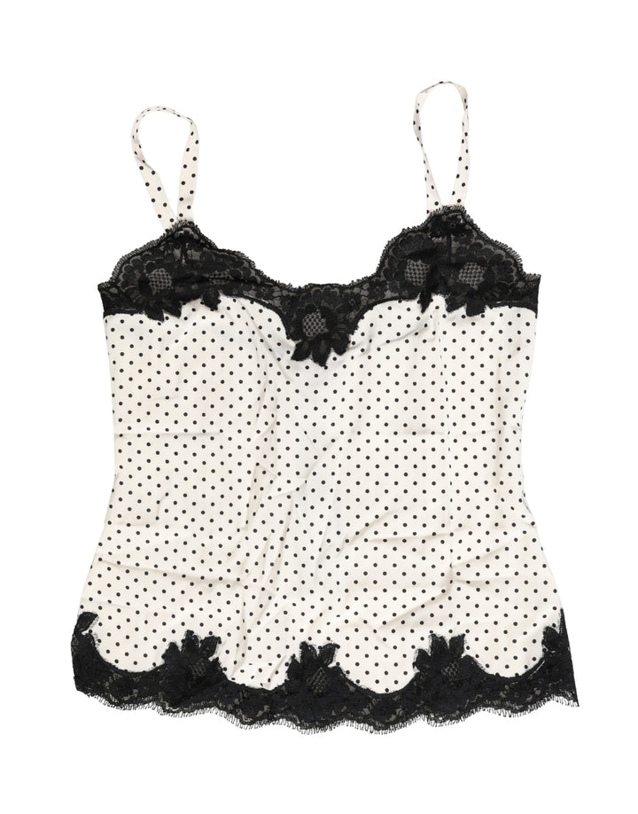 Top Camisola de Ropa Interior Dolce & Gabbana Blanco con Lunares y Ribete de Encaje