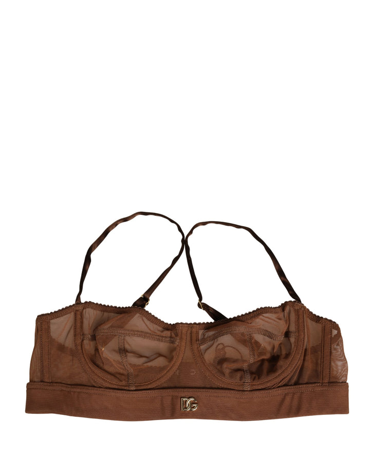 Ropa interior, sujetador balonet con logotipo DG de malla de nylon, marrón, de Dolce & Gabbana
