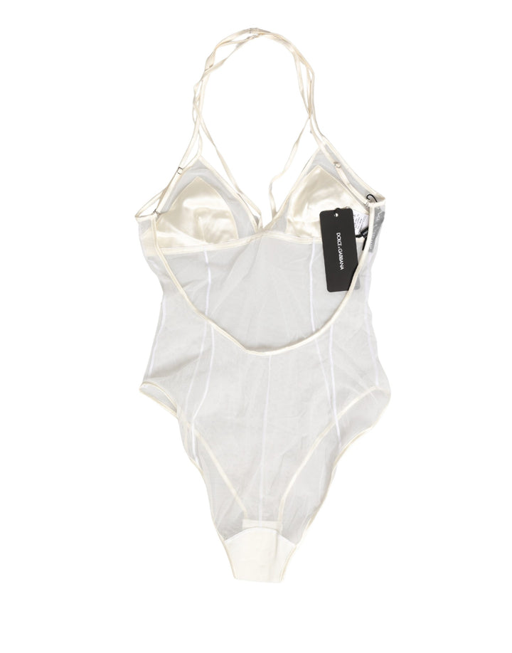 Body de nailon blanco transparente con cuello halter de Dolce & Gabbana