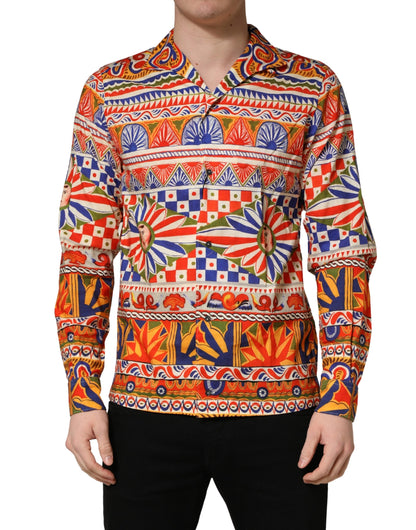 Camisa de hombre Dolce & Gabbana de algodón de sarga con estampado Carretto siciliano multicolor
