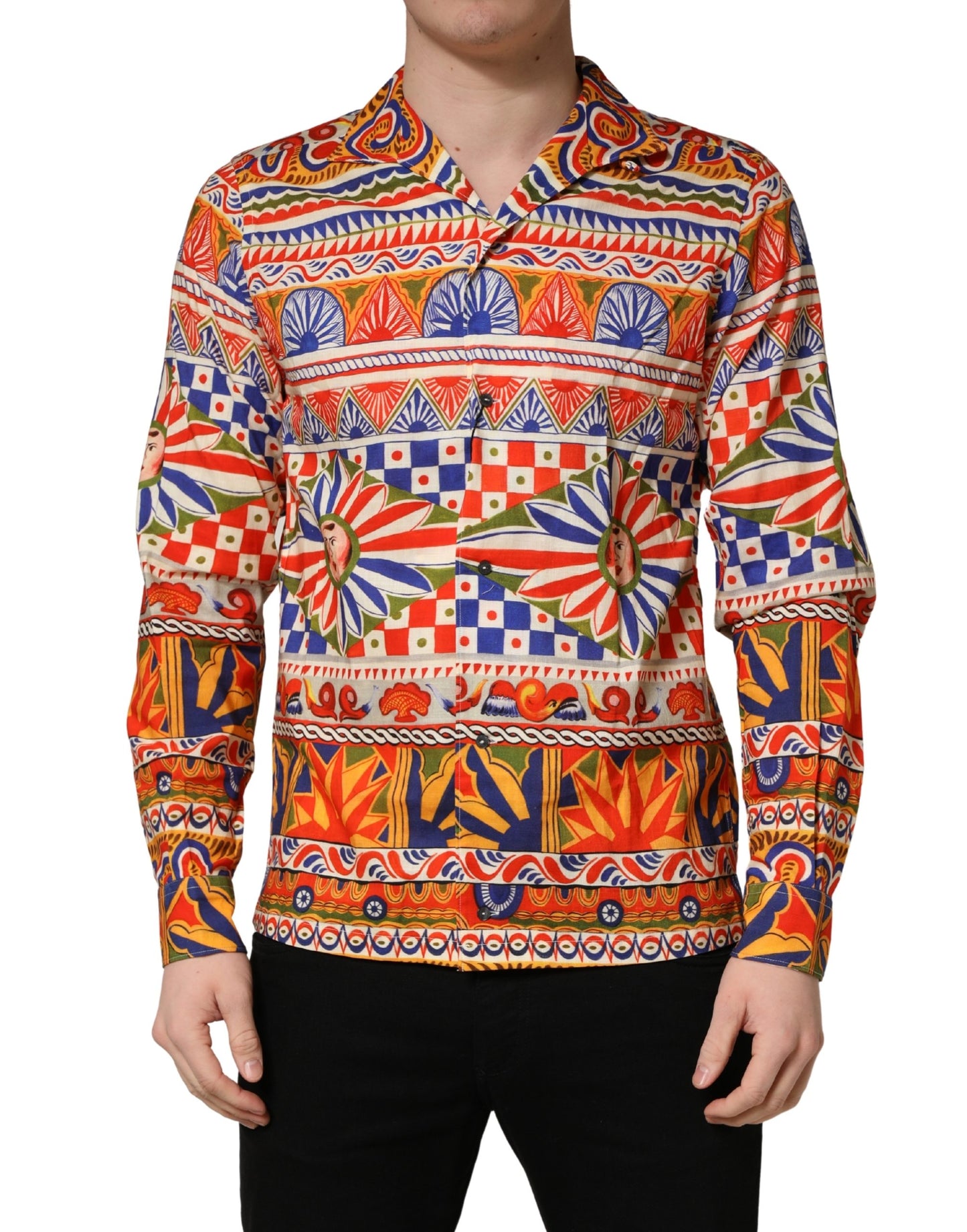 Camisa de hombre Dolce & Gabbana de algodón de sarga con estampado Carretto siciliano multicolor