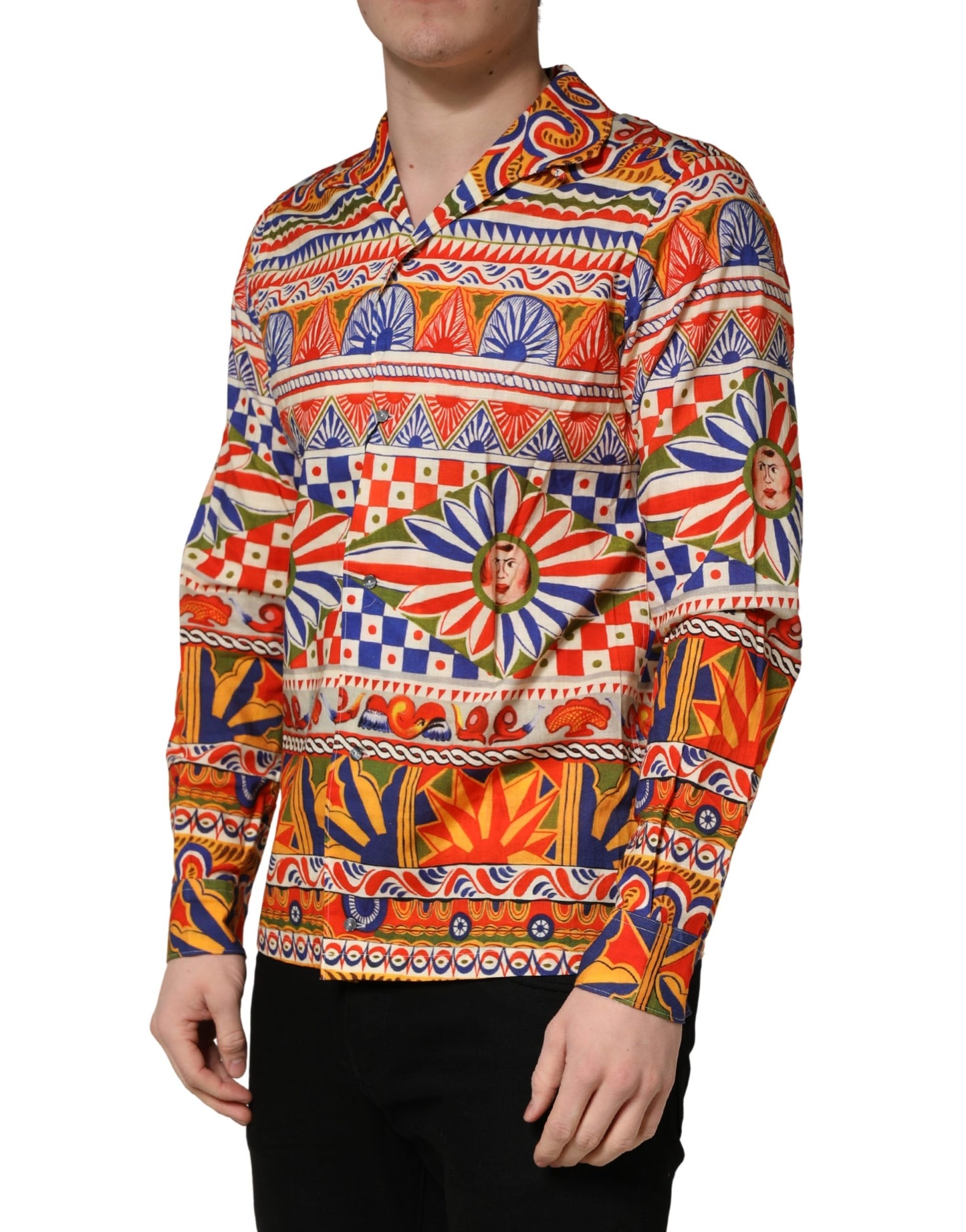 Camisa de hombre Dolce & Gabbana de algodón de sarga con estampado Carretto siciliano multicolor
