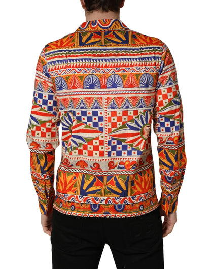 Camisa de hombre Dolce & Gabbana de algodón de sarga con estampado Carretto siciliano multicolor