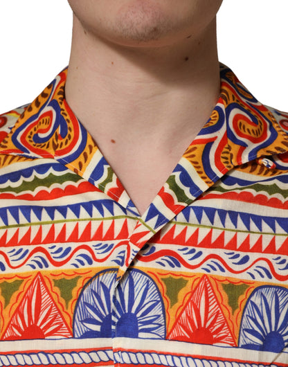 Camisa de hombre Dolce & Gabbana de algodón de sarga con estampado Carretto siciliano multicolor