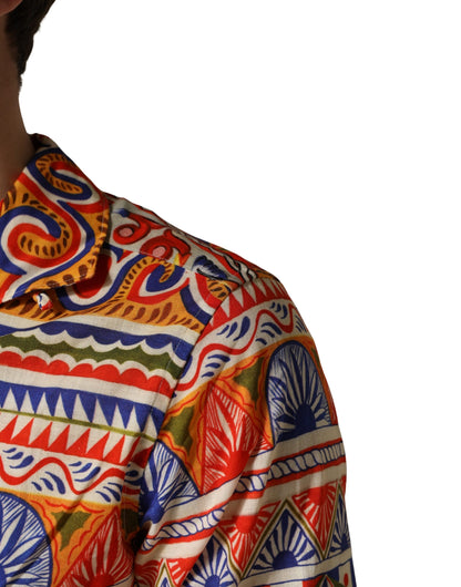 Camisa de hombre Dolce & Gabbana de algodón de sarga con estampado Carretto siciliano multicolor