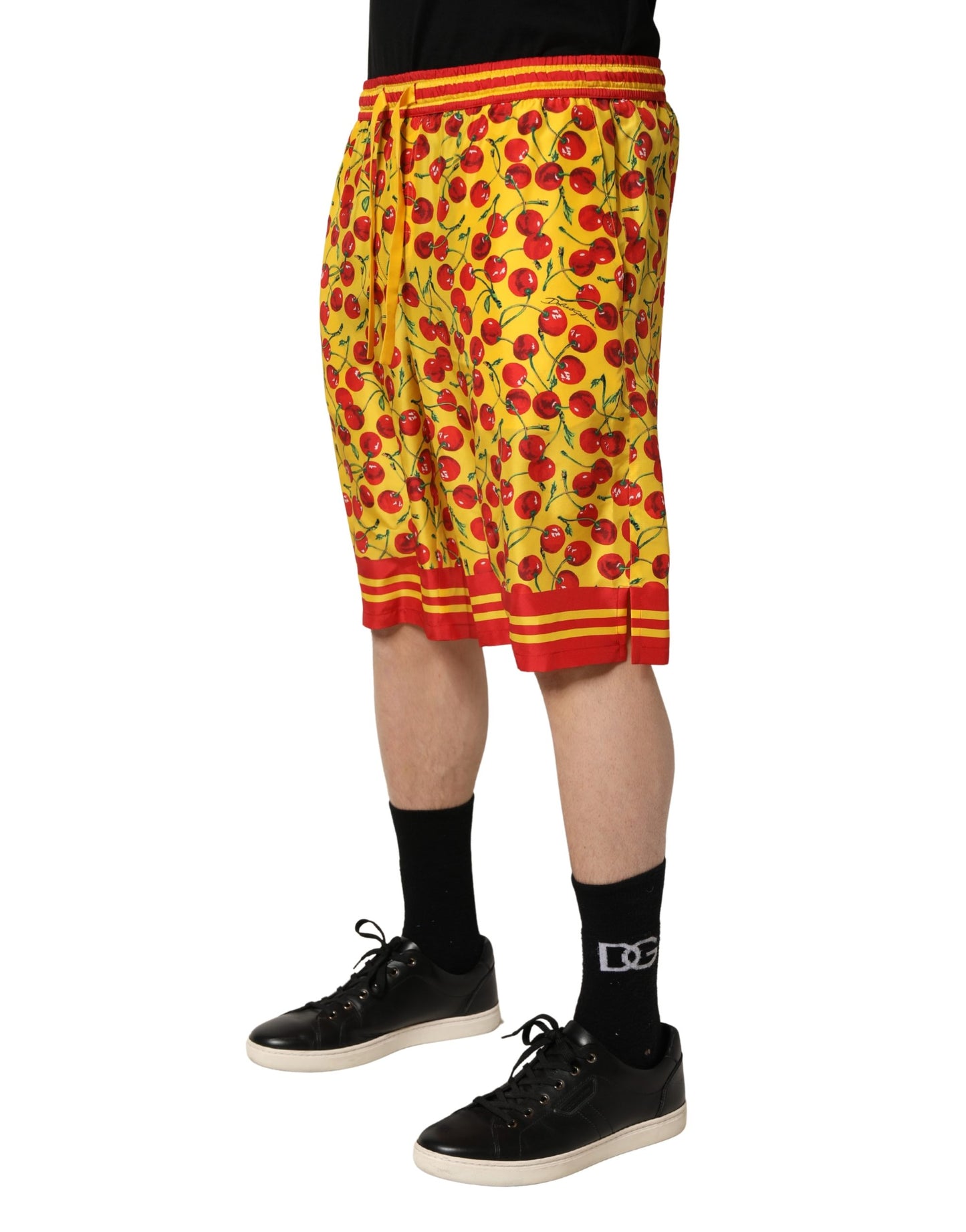 Dolce & Gabbana Yellow Red Cherry Print Silk Bermuda Shorts