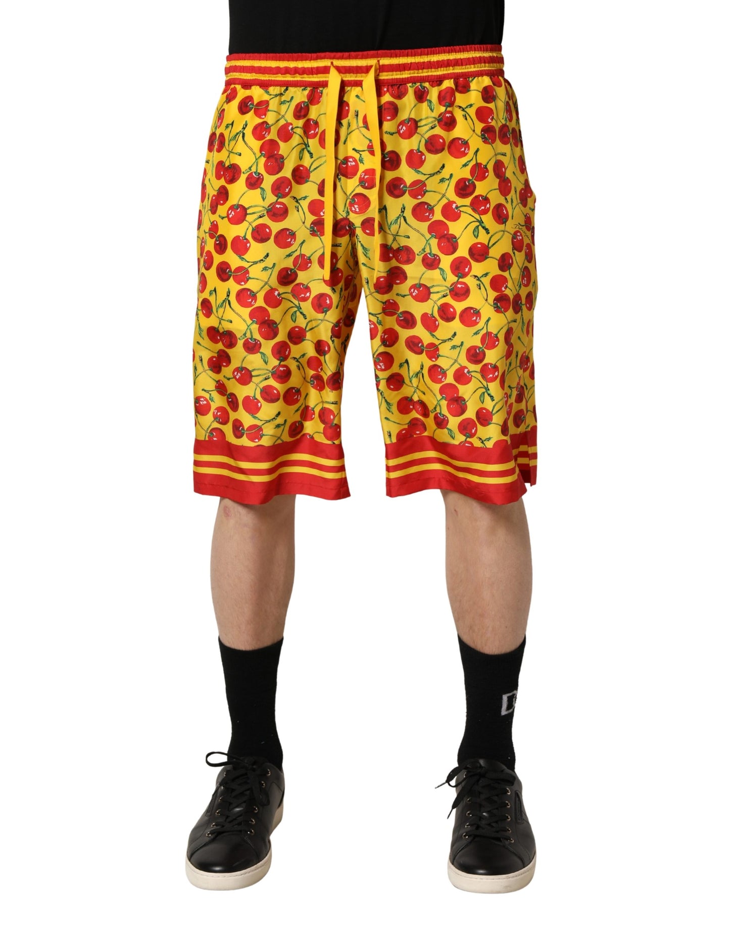 Dolce & Gabbana Yellow Red Cherry Print Silk Bermuda Shorts